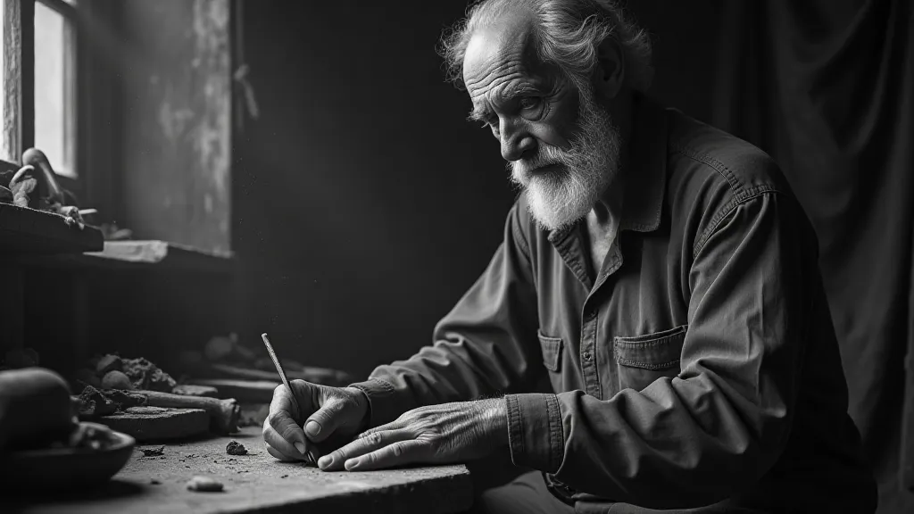 Wood carver working on an accordion