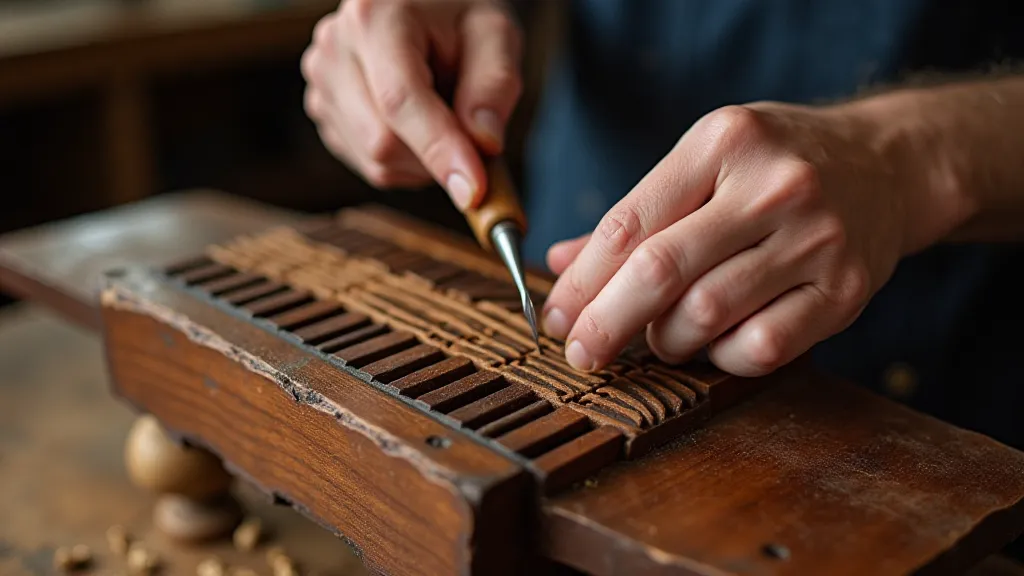 Detail of a wood carver's work on an accordion