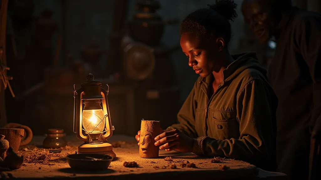 Young woman carving a wooden mask in Africa