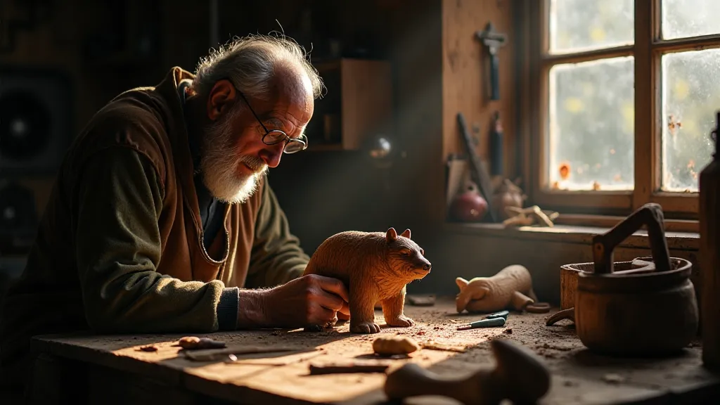 Elderly woodcarver in workshop