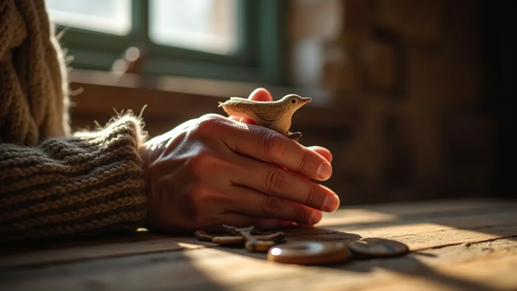 Elderly woman carving a wooden bird