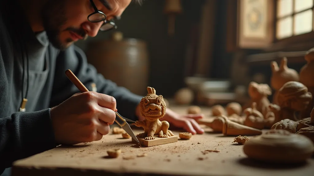 Japanese wood carving master at work