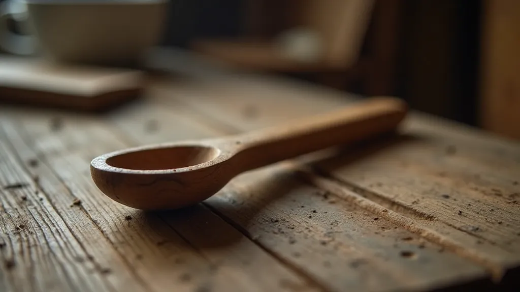Aged wooden spoon in a workshop.