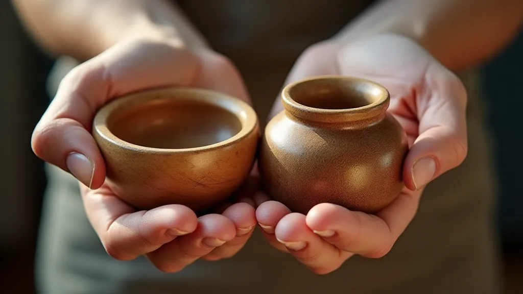 Hand holding a wooden bowl and a ceramic pot