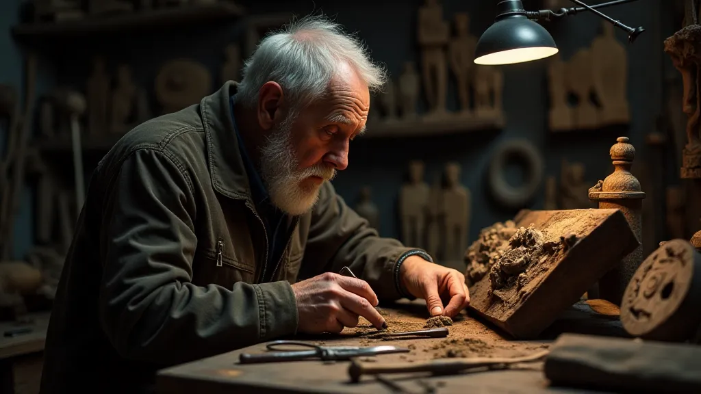 Woodcarver examining a wooden artifact